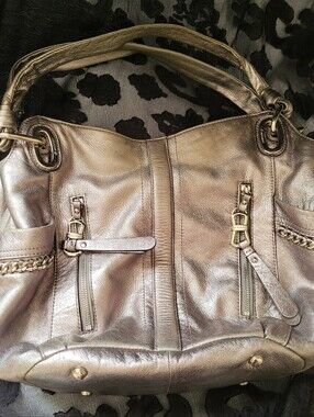 B. Makowsky Leather Hobo Slouch Purse in Silver Metallic A209680